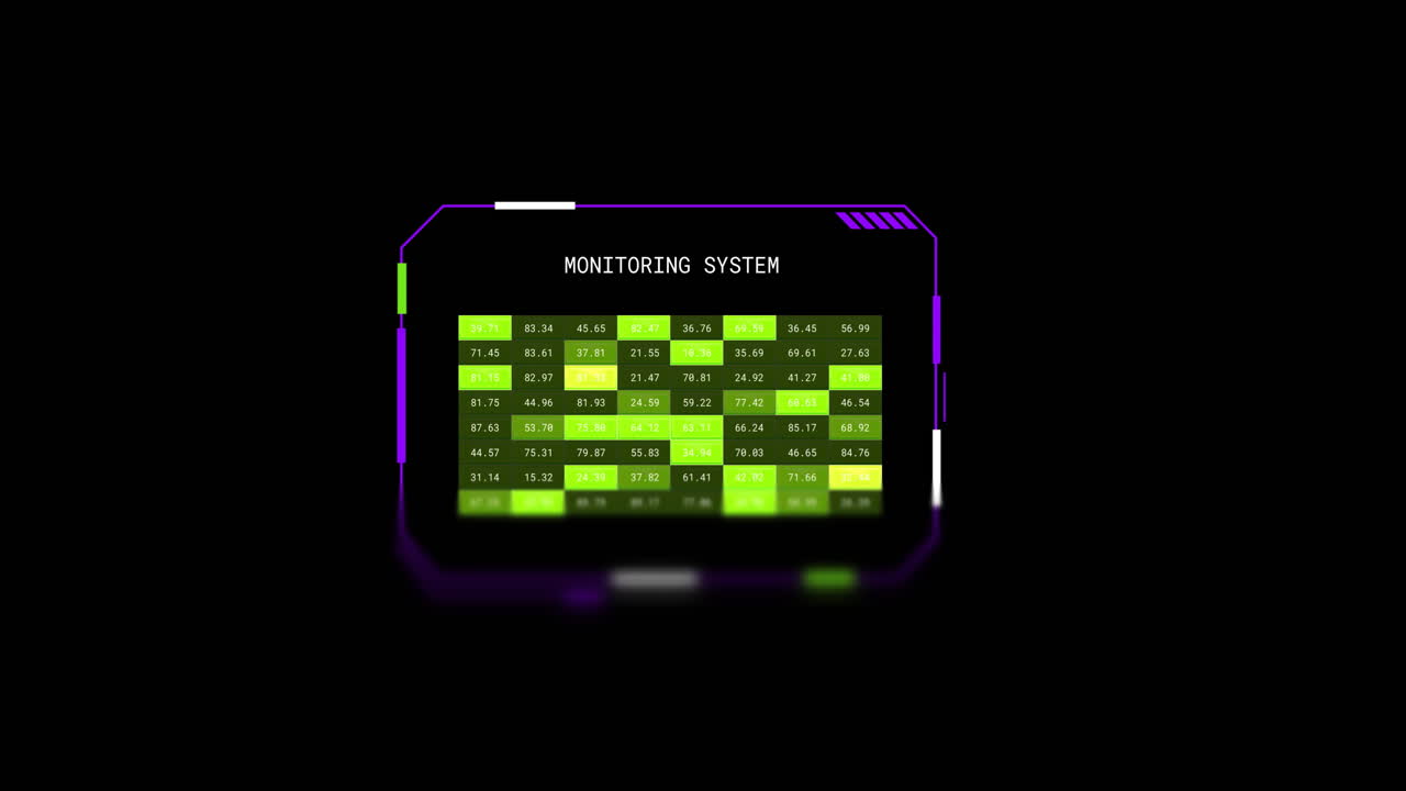 Animation of interface screen with monitoring system text numbers and green lights, on black
