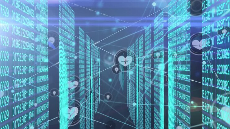 Video of connections with heart shape icons with computer coding in background