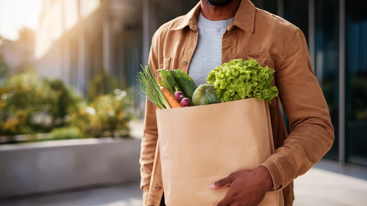 A man proudly holds a brown paper bag filled with fresh vegetables, showcasing a vibrant assortment that includes leafy greens, carrots, and cucumbers, as he stands outside in a sunlit environment