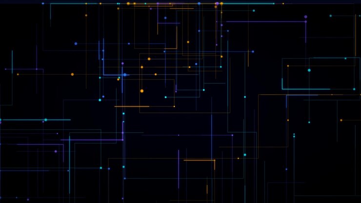 Linee di Rete Digitali Astratte e Nodi Luminosi su Sfondo Nero