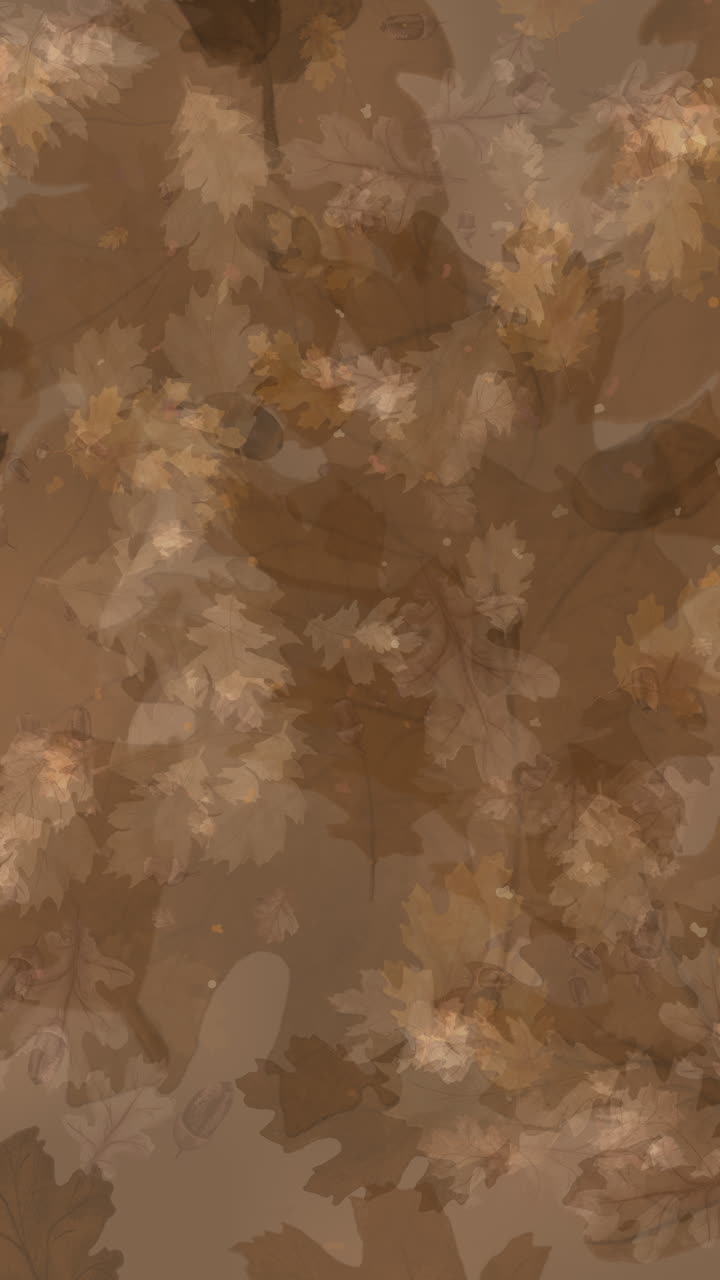 Brown abstract background of drawn oak leaves and acorns falling down. Copy space. Looped animation. Vertical video.
