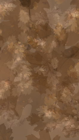 Brown abstract background of drawn oak leaves and acorns falling down. Copy space. Looped animation. Vertical video.