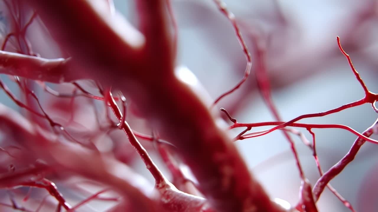 Un'esplorazione ravvicinata di intricati vasi sanguigni sotto prospettiva microscopica, che evidenzia le loro delicate strutture e complessità in una rappresentazione visiva coinvolgente