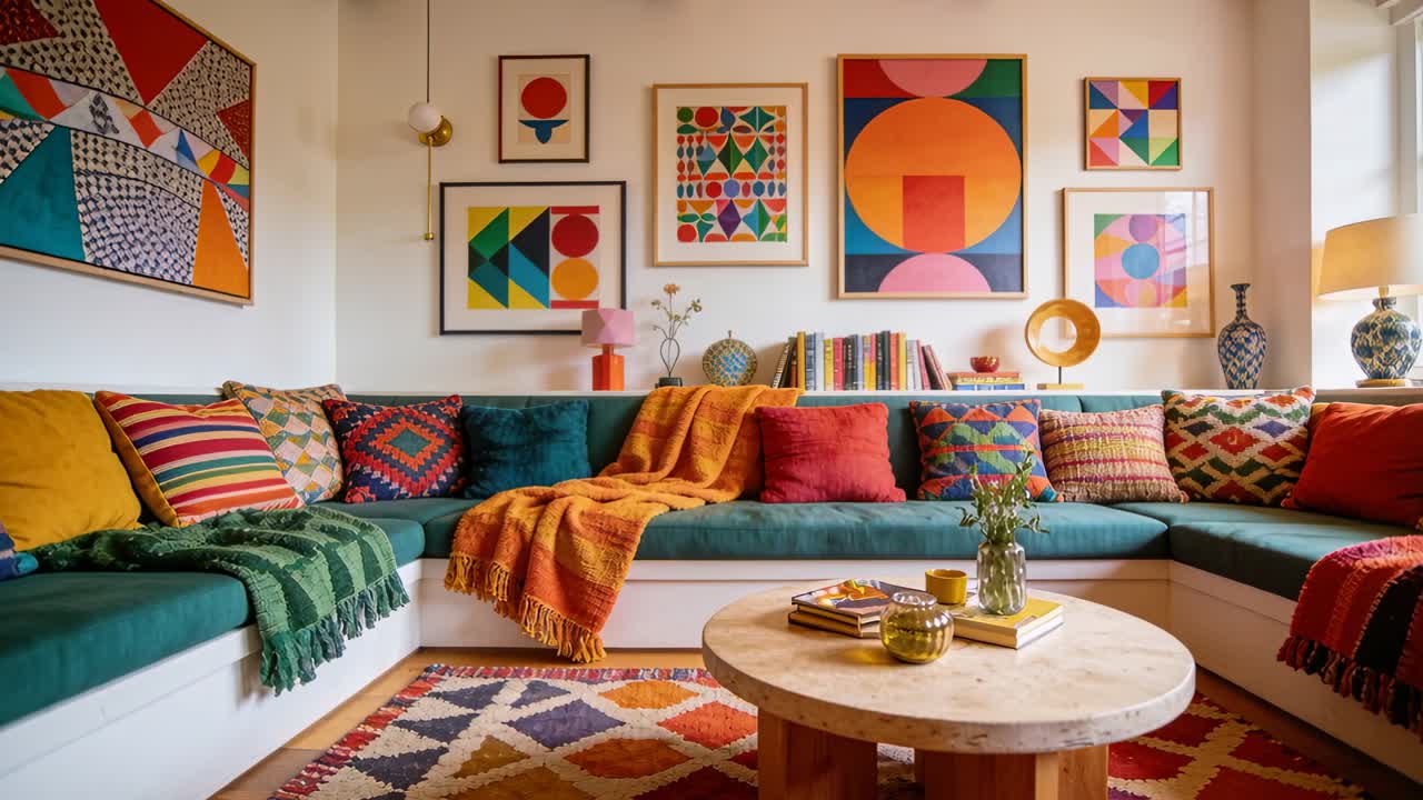 Movimiento de cámara en dolly acercándose a un banco verde azulado y una mesa de centro redonda en el hogar, revelando la decoración de la mesa.