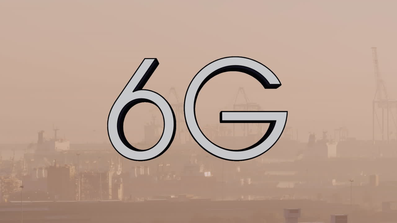 도시 풍경 위의 6g 텍스트 및 데이터 처리의 애니메이션