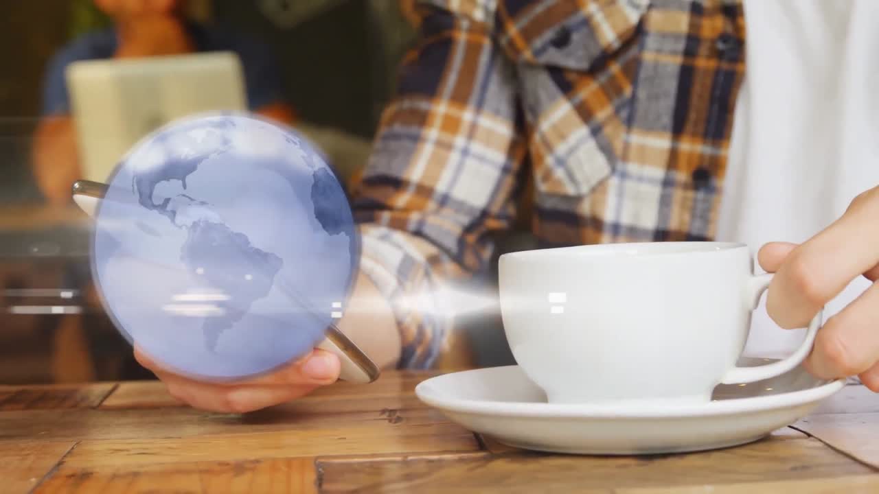 스마트 폰을 사용하여 데이터 처리 및 인간 위의 지구의 애니메이션