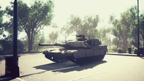 armored tank in big city