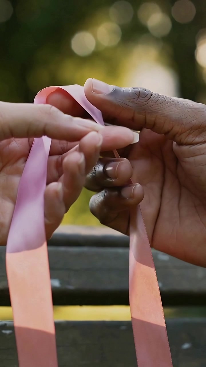 Video verticale: Afferrando un nastro rosa, due mani formano un cappio per fare un nodo su una panchina del parco.