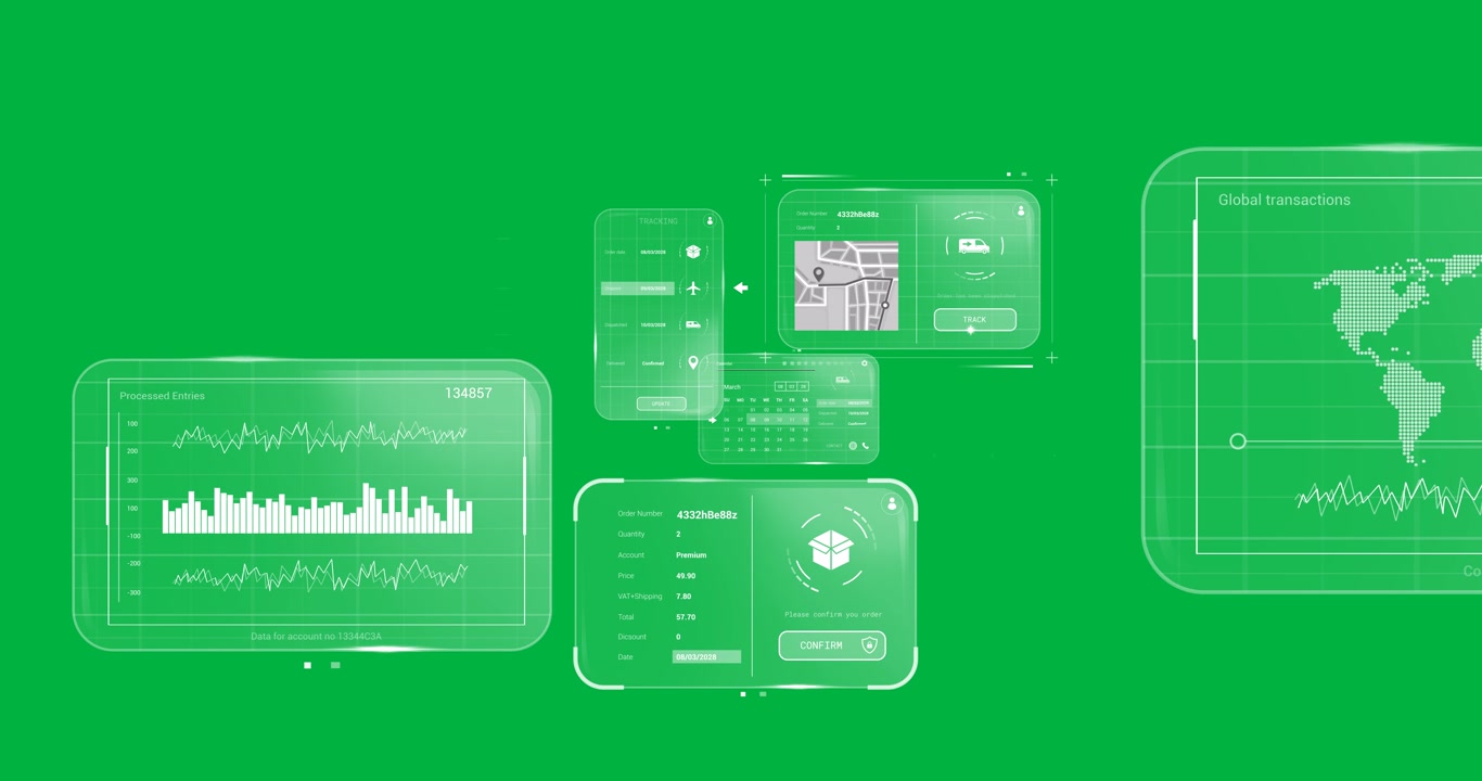 Animation of customer account, order, delivery and status data screens on transparent background