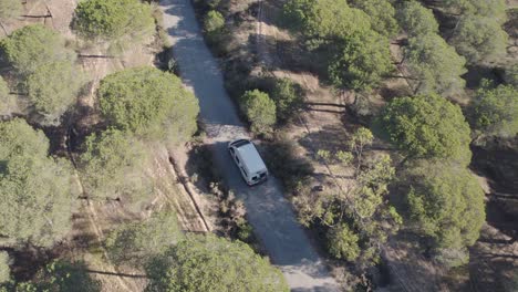 航空景觀追蹤露營車 駕駛窄路穿過森林樹林在鄉村鄉村公路旅行,西班牙