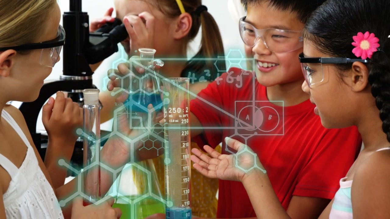 Boy lifting tall cylinder prompts girl pouring blue flask into cylinder, science overlays appearing