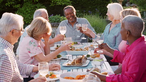 Eine-Gruppe-älterer-Freunde-Genießt-Eine-Dinnerparty-Im-Freien-Zu-Hause