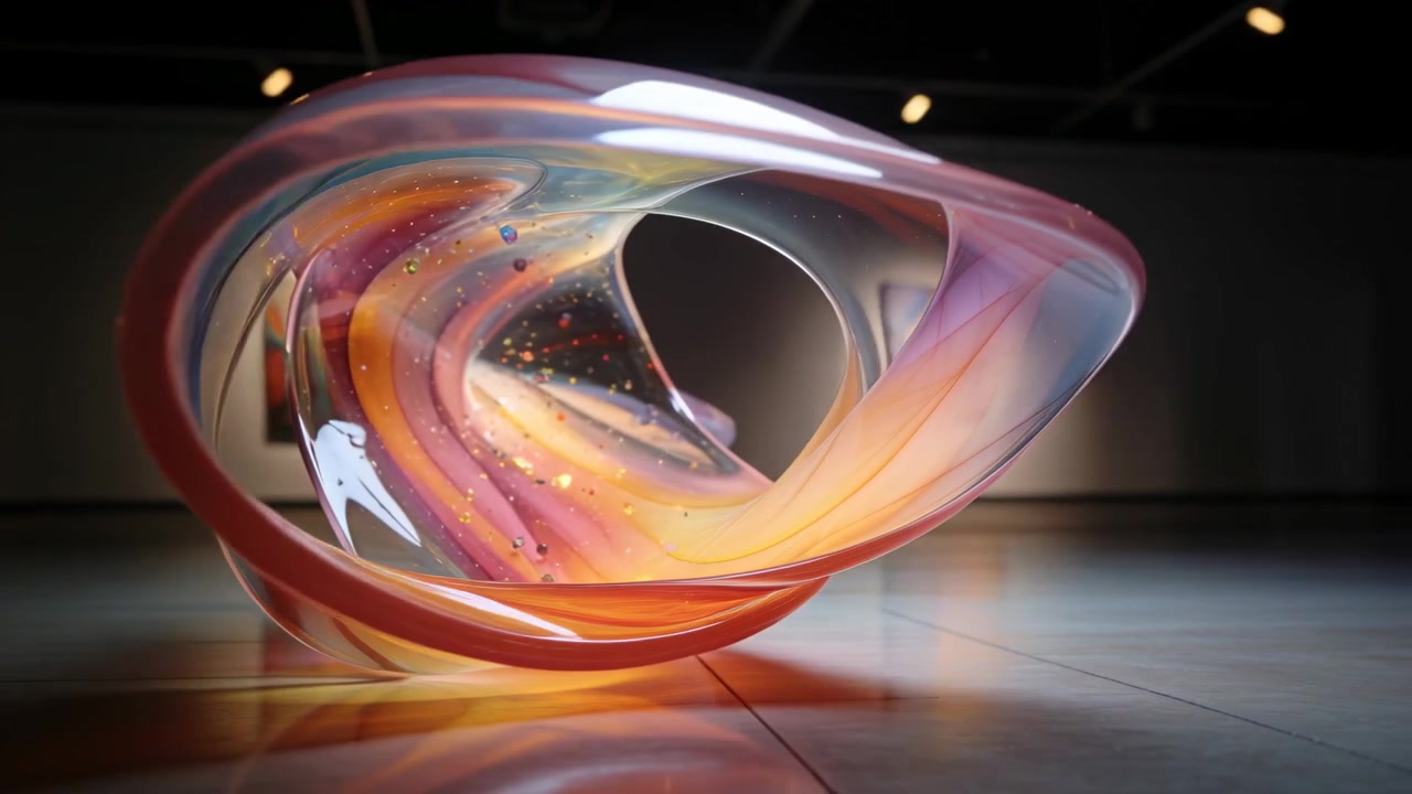 Cámara orbitando revelando una gran escultura de cristal en una galería, mostrando bandas de color, burbujas y el brillo del suelo.