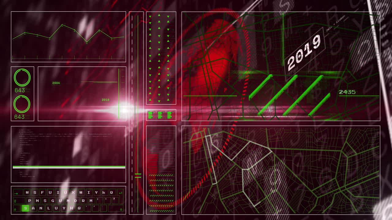 Displaying futuristic data interface with animation of graphs and numbers in colors