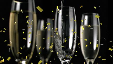 Animation-of-champagne-glasses-and-champagne-pouring,-with-gold-confetti-falling-on-black-background