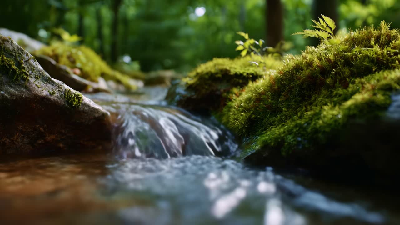 Serene Forest Stream Flowing Over Mossy Rocks in a Lush Green Environment Capturing the Tranquility of Nature's Beauty and the Harmony of Water and Flora