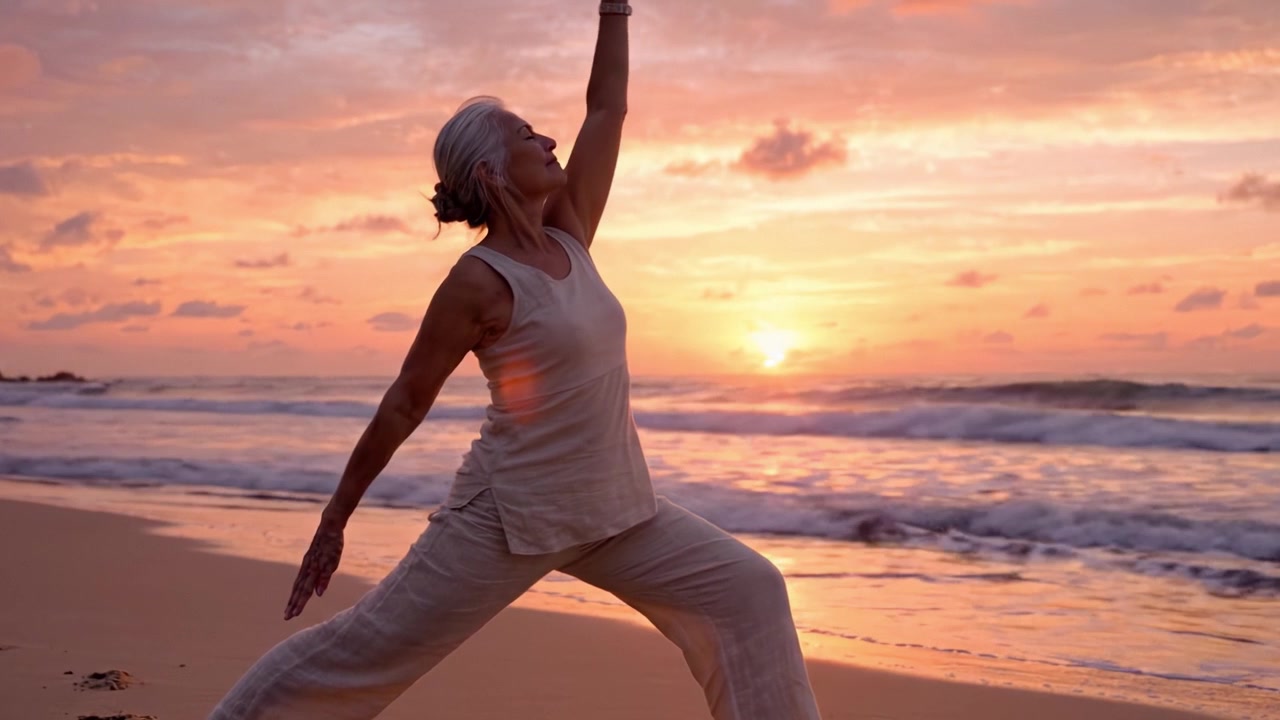En rolig solnedgangsyoga på stranden: Omfavne ro og oppmerksomhet mens du kobler deg til naturens skjønnhet.