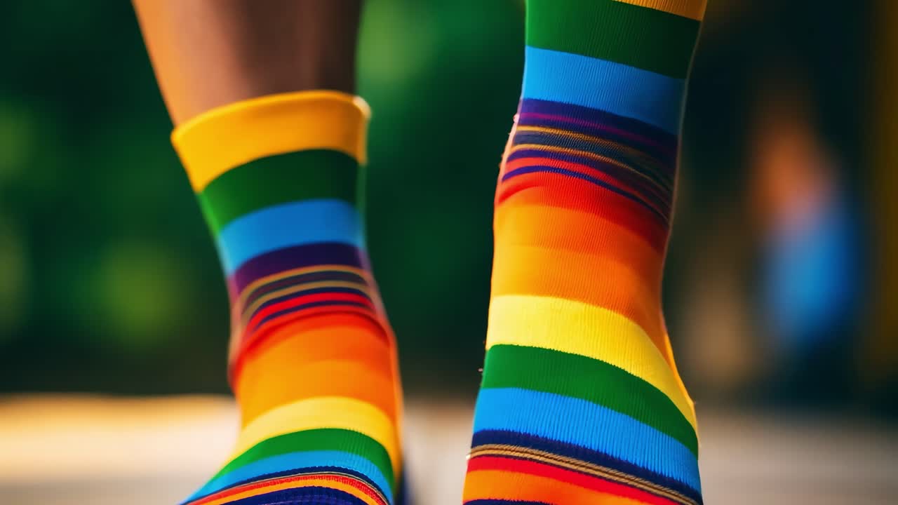 Rainbow colored socks moving gently across wooden floor, representing vibrant lgbtq plus pride, freedom, and individual expression through playful, cheerful footwear