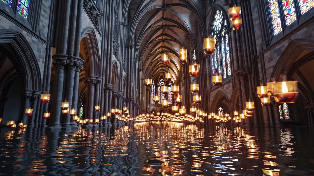 Interiør i gotisk katedral med flydende stearinlys