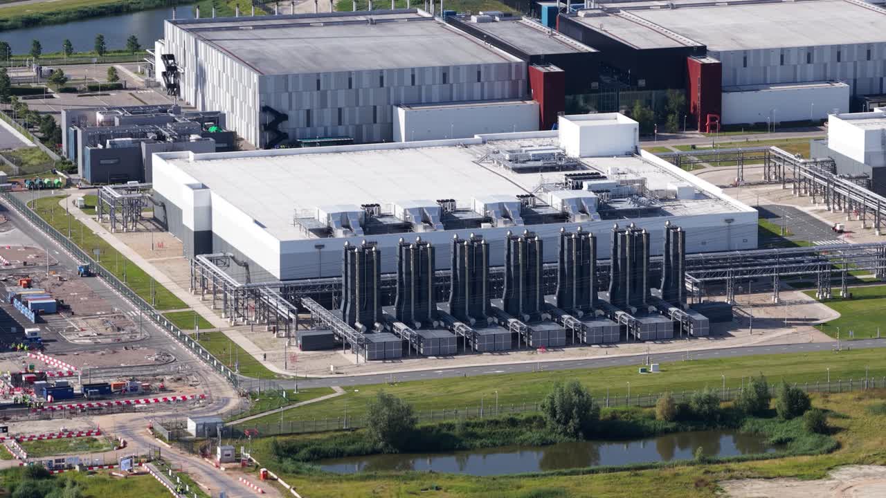 New build data center, Eemshaven, Groningen, The Netherlands. Aerial video