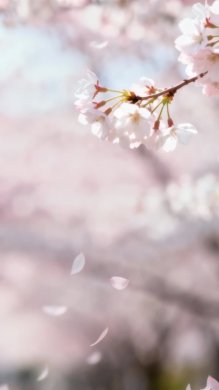 Vertical video: Swaying in breeze cherry blossom branch losing detached petals in park, copy space