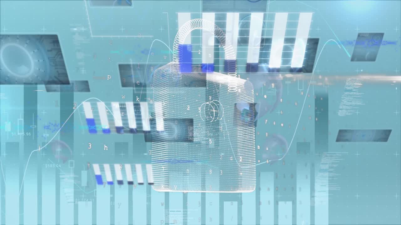 animación del candado de seguridad en línea, estadísticas y procesamiento de datos financieros sobre la ciudad