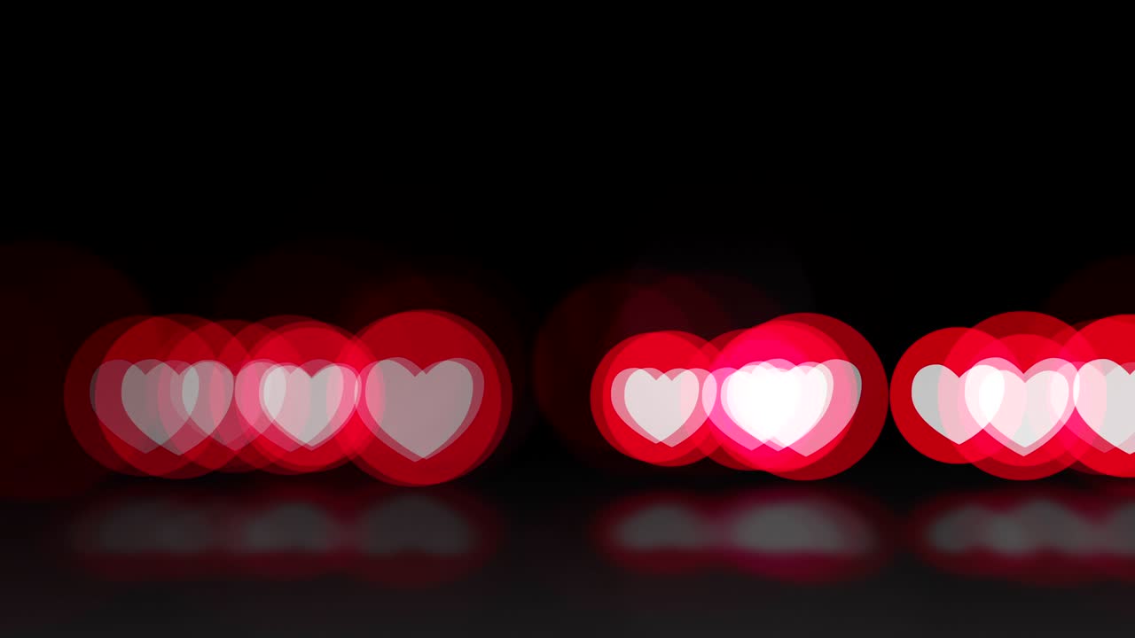 무결한 루프, 모션 배경, 백색, 빨간색, 분홍색, 일반적인 페이스북 스타일의 사랑 감정 아이콘 그룹, 반사와 함께 바닥에 흐릿한 보케.