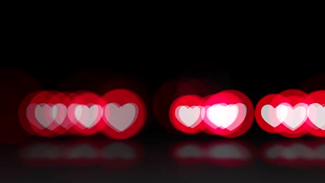 bucle sin fisuras, fondo de movimiento, grupo de blancos rojos rosados genéricos iconos de emoción de amor al estilo de facebook y borrón bokeh en el suelo con reflejo.