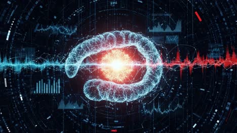 a stunning visualization of data as an eye shape, radiating energy in vibrant blue and red, set against a futuristic background of graphs and waves