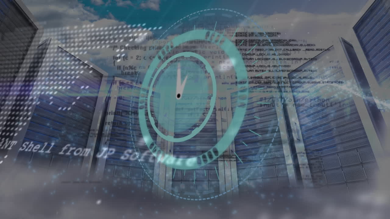 Animation of data processing with clock over servers