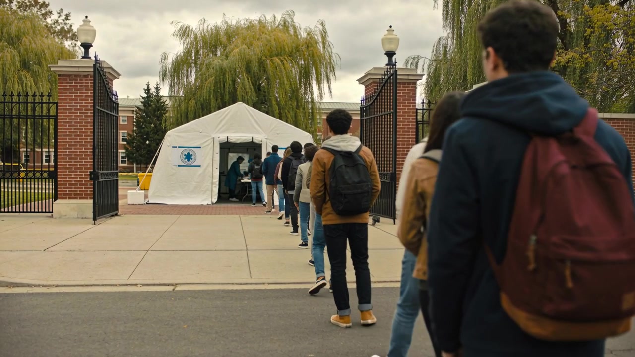 Studenti che camminano e si muovono per lo screening mentre la persona davanti entra nella tenda al cancello del campus con gli zaini.