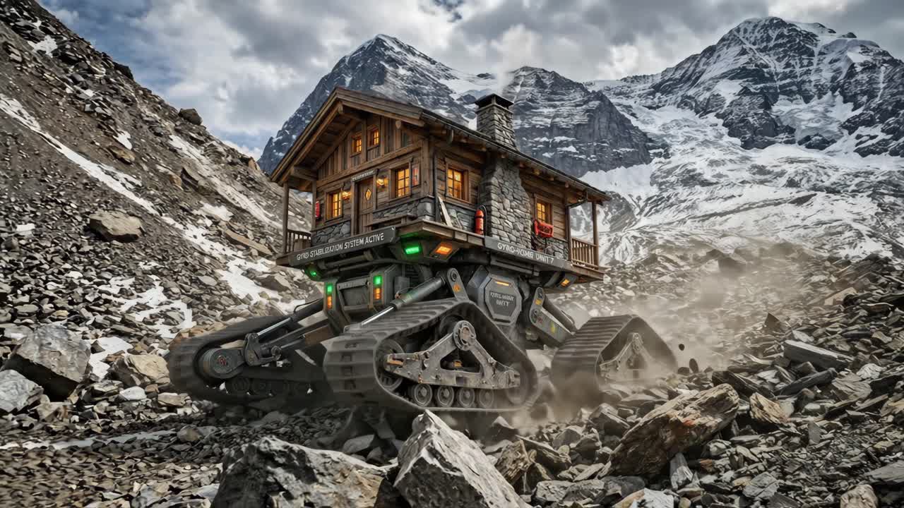 Mobile Hütte auf Ketten, die sich durch eine zerklüftete Berglandschaft bewegt.