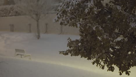 a faint streetlight illuminates the peaceful winter scene as soft snowflakes fall on the snow-covered trees, bench, and ground