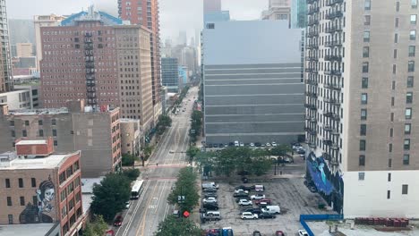 downtown chicago illinois timelapse with rays of light peeking between the buildings