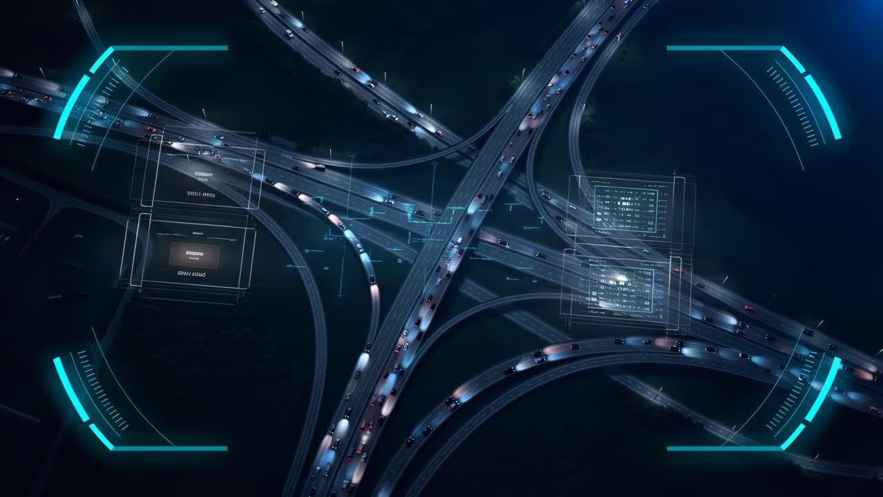 Aerial View of Highway Interchange with Futuristic HUD Overlay and Night Traffic