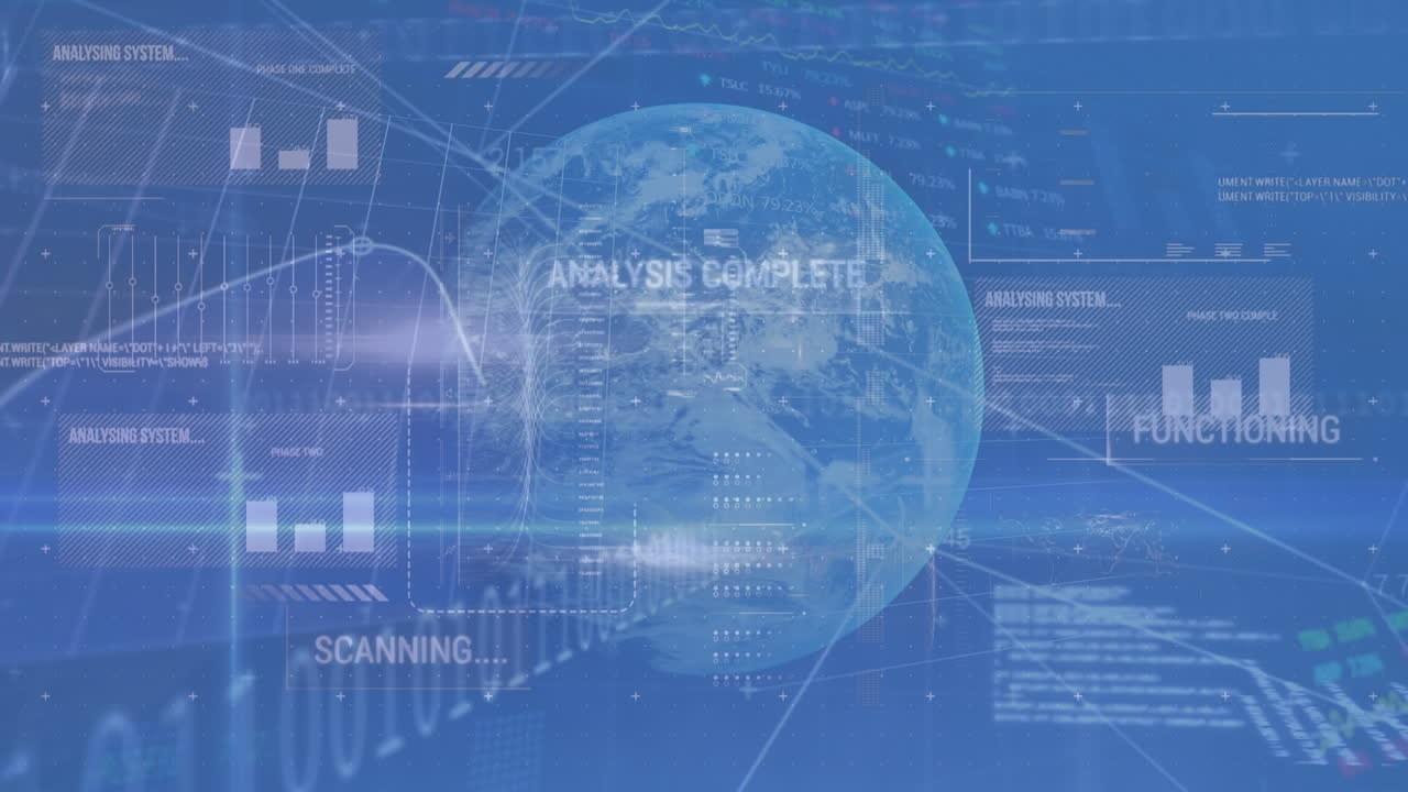 Animation of arrows pointing up, globe, statistics and data processing