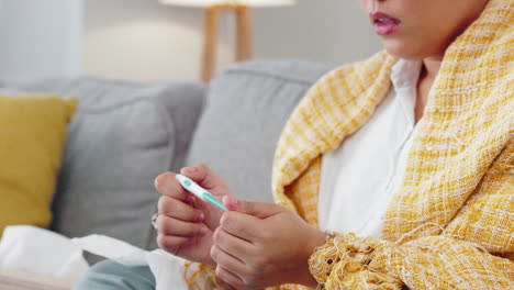 woman, hands and thermometer checking fever