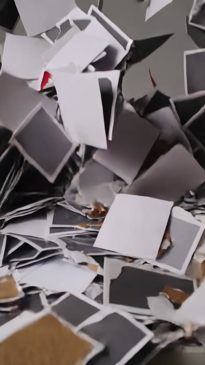 Vertical video: Scattering dense pile of torn red cards after tap, pieces tumbling on white shelf