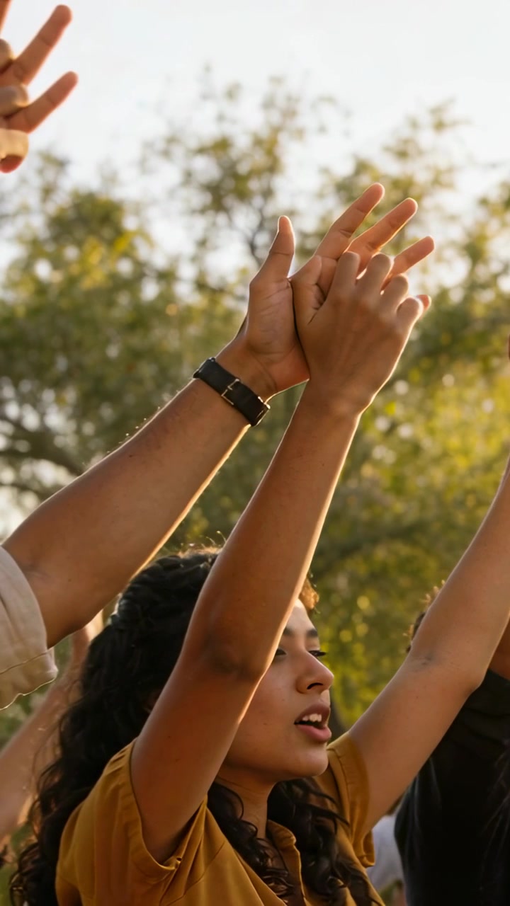 Vertical video: Raising hands woman in mustard top and group loosening clasp then clapping at park