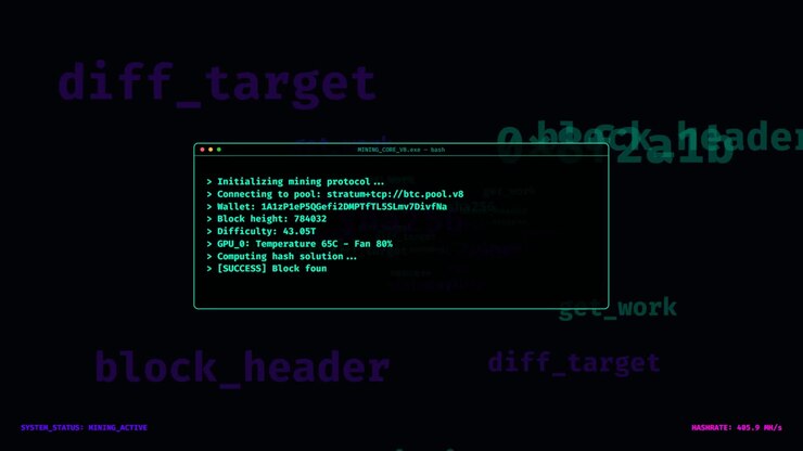 Cryptocurrency Mining Software Terminal Displaying Hash Success