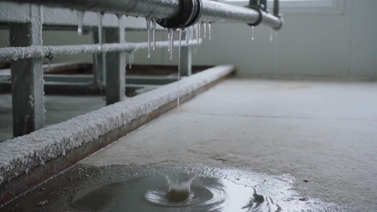 Vindue opvarmer frostbelagt rør med istapper, det frigiver en tynd dråbe, der danner en kruset vandpyt på beton