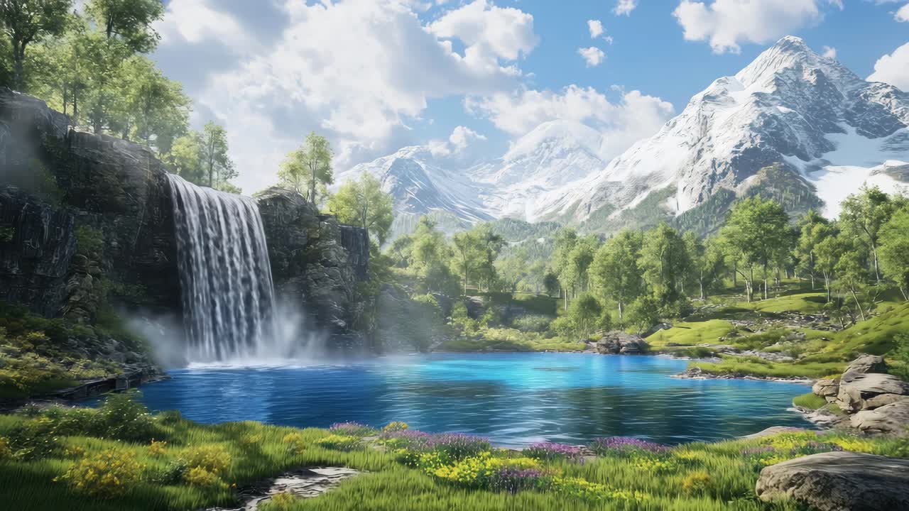 A breathtaking landscape video with a wide-angle view of a serene waterfall, lush greenery