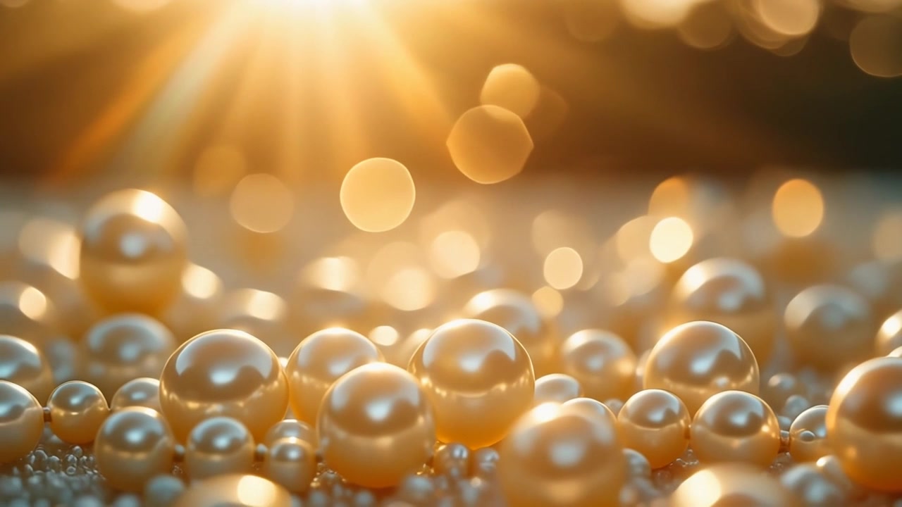 Primo piano di perle bianche lucenti che brillano sotto la calda luce solare dorata