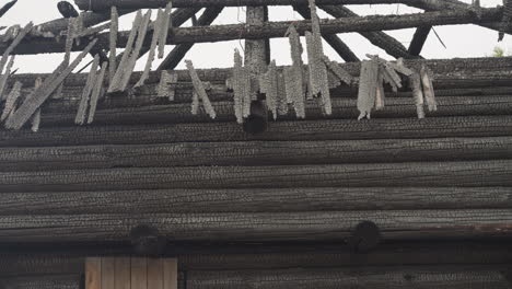 remains of roof of wooden house after fire under cloudy sky