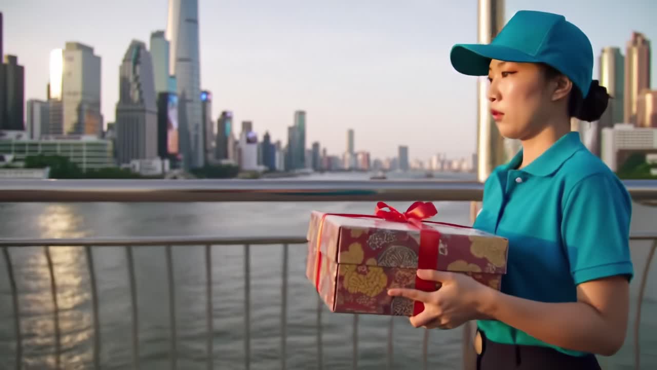 A Determined Delivery: A Young Woman in a Blue Cap Carries a Gift Box Along a Scenic Waterfront with a Breathtaking City Skyline in the Background