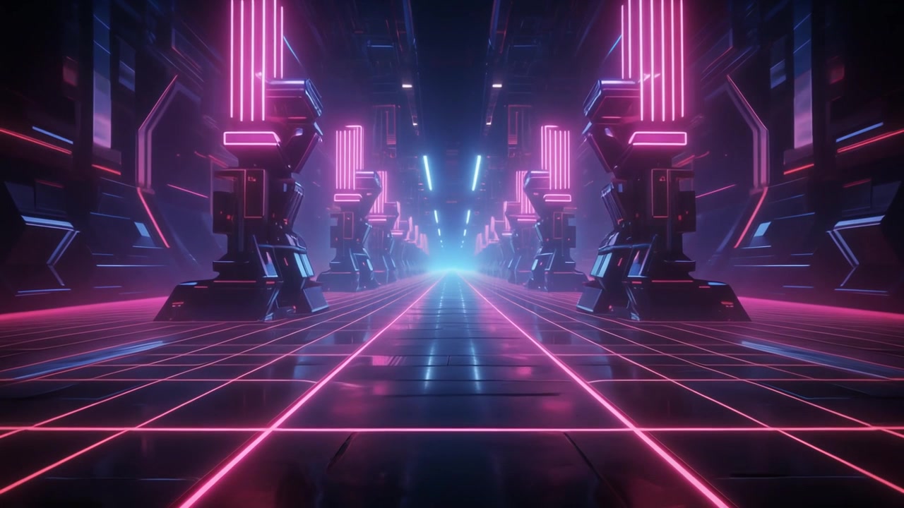 Corridoio fantascientifico futuristico con luci al neon luminose e griglia digitale