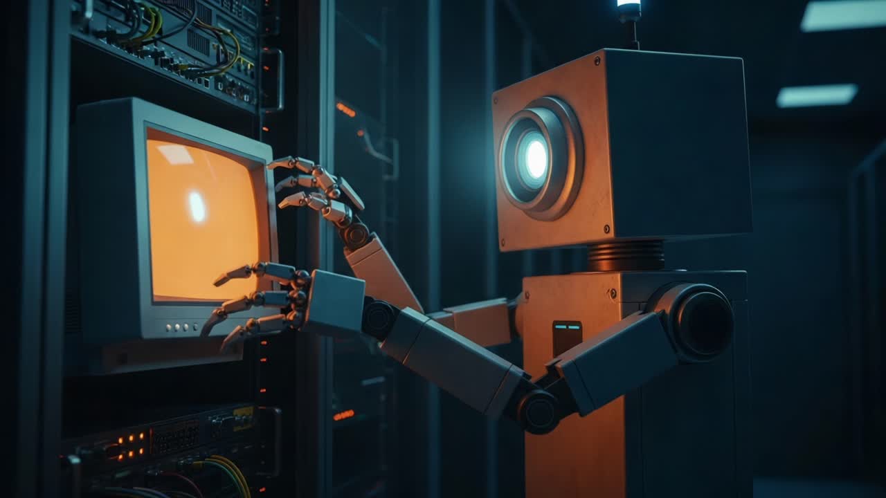 A humanoid robot interacts with an old-fashioned computer monitor in a dark, high-tech server room, showcasing the blend of retro technology and futuristic design