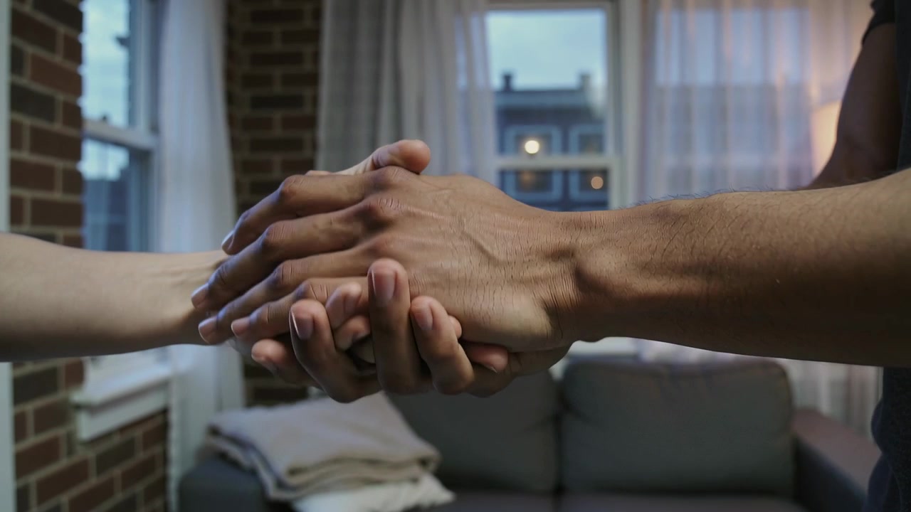 Reaching two adults' hands clasping in living room, wearing short sleeves showing support with ring