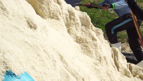 close up of white mountain of salt with men to load it into bags for transporting to salt mine