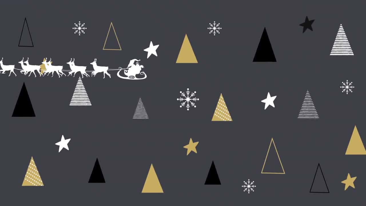 santa claus en trineo siendo tirado por renos contra múltiples árboles de navidad e iconos de estrellas